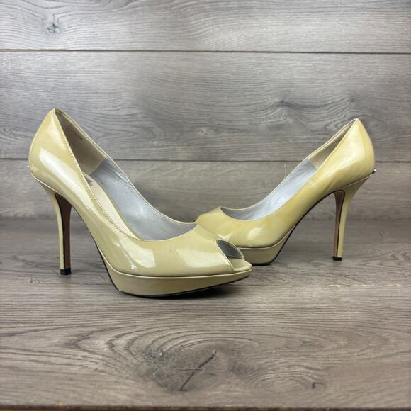 CHRISTIAN DIOR Beige Leather Peep-Toe Platform High Heels Pumps Women's 7 / 38 - Picture 2 of 10